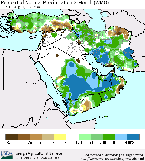 Middle East and Turkey Percent of Normal Precipitation 2-Month (WMO) Thematic Map For 6/11/2021 - 8/10/2021