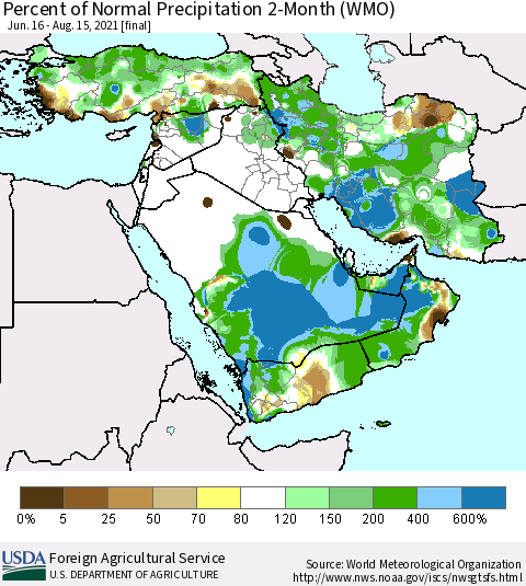 Middle East and Turkey Percent of Normal Precipitation 2-Month (WMO) Thematic Map For 6/16/2021 - 8/15/2021
