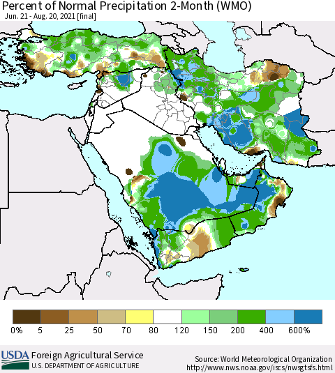 Middle East and Turkey Percent of Normal Precipitation 2-Month (WMO) Thematic Map For 6/21/2021 - 8/20/2021
