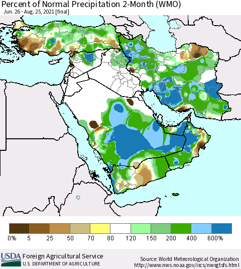 Middle East and Turkey Percent of Normal Precipitation 2-Month (WMO) Thematic Map For 6/26/2021 - 8/25/2021