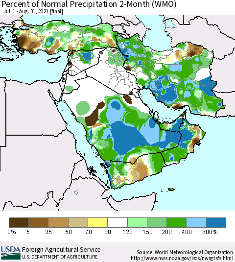 Middle East and Turkey Percent of Normal Precipitation 2-Month (WMO) Thematic Map For 7/1/2021 - 8/31/2021