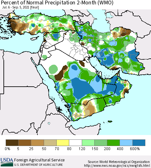 Middle East and Turkey Percent of Normal Precipitation 2-Month (WMO) Thematic Map For 7/6/2021 - 9/5/2021