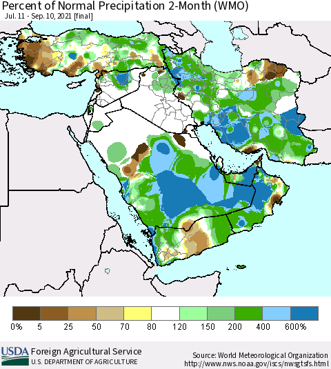 Middle East and Turkey Percent of Normal Precipitation 2-Month (WMO) Thematic Map For 7/11/2021 - 9/10/2021