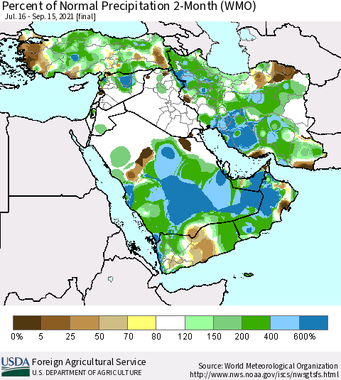 Middle East and Turkey Percent of Normal Precipitation 2-Month (WMO) Thematic Map For 7/16/2021 - 9/15/2021