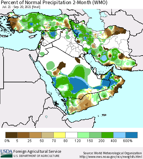 Middle East and Turkey Percent of Normal Precipitation 2-Month (WMO) Thematic Map For 7/21/2021 - 9/20/2021