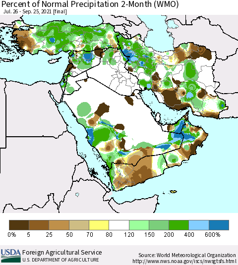 Middle East and Turkey Percent of Normal Precipitation 2-Month (WMO) Thematic Map For 7/26/2021 - 9/25/2021