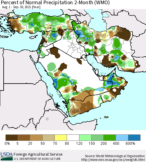 Middle East and Turkey Percent of Normal Precipitation 2-Month (WMO) Thematic Map For 8/1/2021 - 9/30/2021