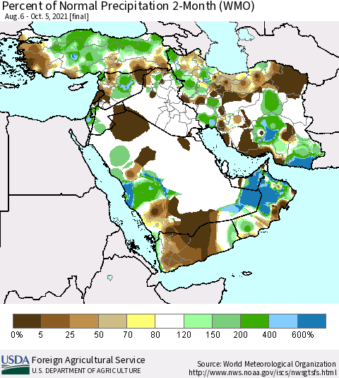 Middle East and Turkey Percent of Normal Precipitation 2-Month (WMO) Thematic Map For 8/6/2021 - 10/5/2021