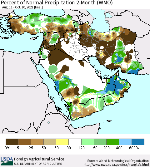 Middle East and Turkey Percent of Normal Precipitation 2-Month (WMO) Thematic Map For 8/11/2021 - 10/10/2021