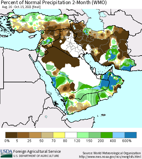 Middle East and Turkey Percent of Normal Precipitation 2-Month (WMO) Thematic Map For 8/16/2021 - 10/15/2021