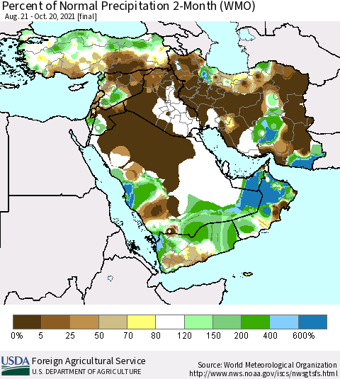 Middle East and Turkey Percent of Normal Precipitation 2-Month (WMO) Thematic Map For 8/21/2021 - 10/20/2021