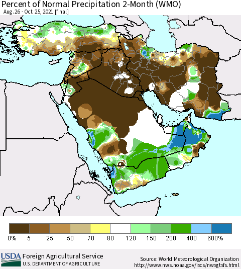 Middle East and Turkey Percent of Normal Precipitation 2-Month (WMO) Thematic Map For 8/26/2021 - 10/25/2021