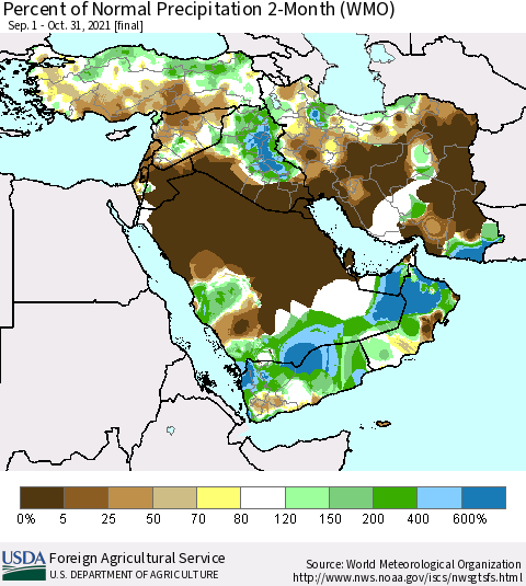 Middle East and Turkey Percent of Normal Precipitation 2-Month (WMO) Thematic Map For 9/1/2021 - 10/31/2021
