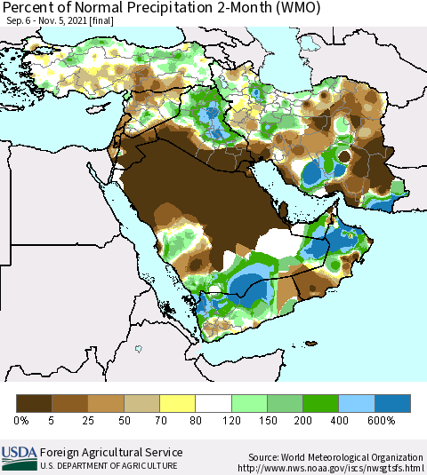 Middle East and Turkey Percent of Normal Precipitation 2-Month (WMO) Thematic Map For 9/6/2021 - 11/5/2021