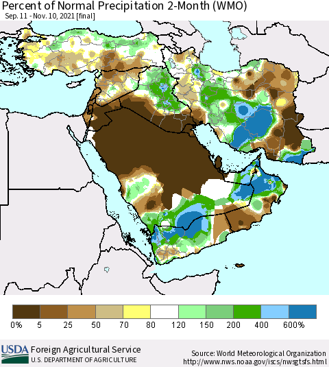 Middle East and Turkey Percent of Normal Precipitation 2-Month (WMO) Thematic Map For 9/11/2021 - 11/10/2021