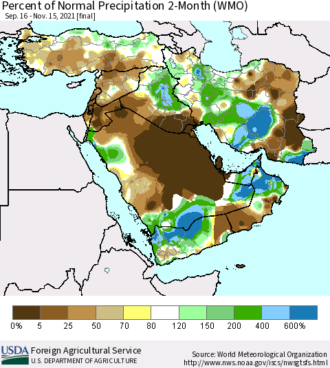 Middle East and Turkey Percent of Normal Precipitation 2-Month (WMO) Thematic Map For 9/16/2021 - 11/15/2021