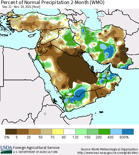 Middle East and Turkey Percent of Normal Precipitation 2-Month (WMO) Thematic Map For 9/21/2021 - 11/20/2021
