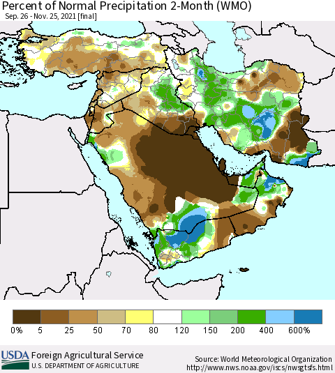 Middle East and Turkey Percent of Normal Precipitation 2-Month (WMO) Thematic Map For 9/26/2021 - 11/25/2021