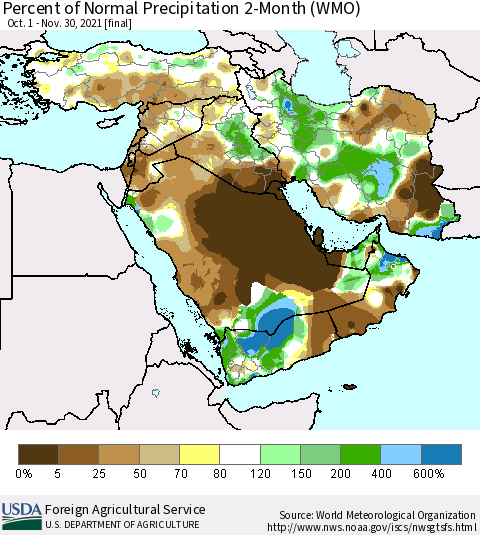 Middle East and Turkey Percent of Normal Precipitation 2-Month (WMO) Thematic Map For 10/1/2021 - 11/30/2021