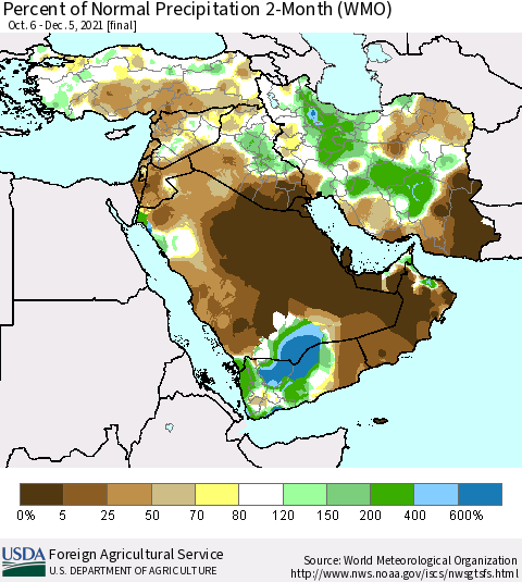Middle East and Turkey Percent of Normal Precipitation 2-Month (WMO) Thematic Map For 10/6/2021 - 12/5/2021