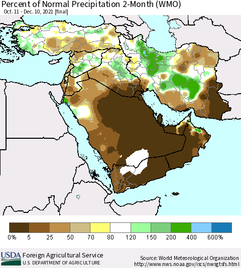Middle East and Turkey Percent of Normal Precipitation 2-Month (WMO) Thematic Map For 10/11/2021 - 12/10/2021