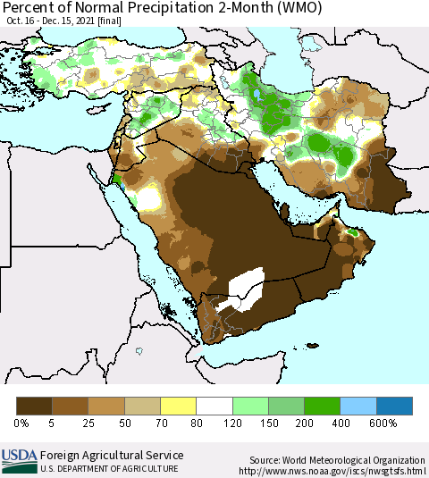 Middle East and Turkey Percent of Normal Precipitation 2-Month (WMO) Thematic Map For 10/16/2021 - 12/15/2021