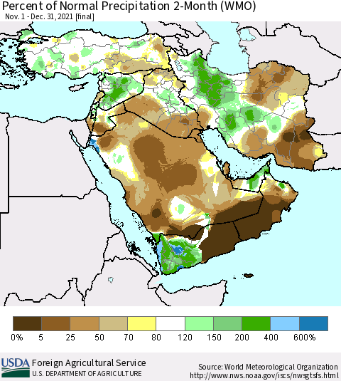 Middle East and Turkey Percent of Normal Precipitation 2-Month (WMO) Thematic Map For 11/1/2021 - 12/31/2021