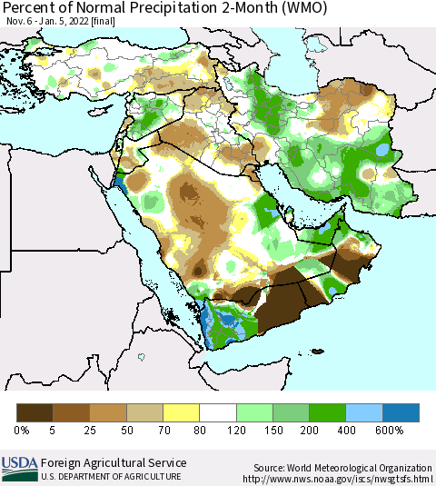 Middle East and Turkey Percent of Normal Precipitation 2-Month (WMO) Thematic Map For 11/6/2021 - 1/5/2022