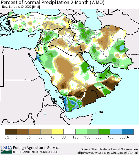 Middle East and Turkey Percent of Normal Precipitation 2-Month (WMO) Thematic Map For 11/11/2021 - 1/10/2022