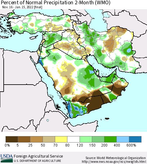 Middle East and Turkey Percent of Normal Precipitation 2-Month (WMO) Thematic Map For 11/16/2021 - 1/15/2022