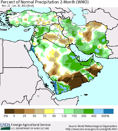 Middle East and Turkey Percent of Normal Precipitation 2-Month (WMO) Thematic Map For 11/21/2021 - 1/20/2022
