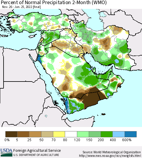 Middle East and Turkey Percent of Normal Precipitation 2-Month (WMO) Thematic Map For 11/26/2021 - 1/25/2022