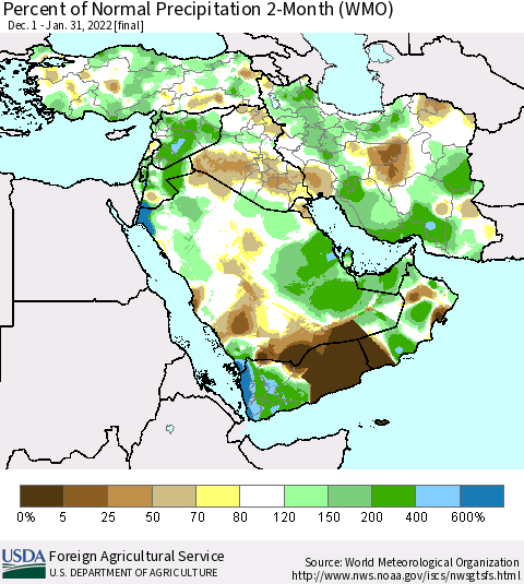 Middle East and Turkey Percent of Normal Precipitation 2-Month (WMO) Thematic Map For 12/1/2021 - 1/31/2022