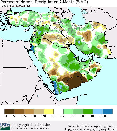 Middle East and Turkey Percent of Normal Precipitation 2-Month (WMO) Thematic Map For 12/6/2021 - 2/5/2022