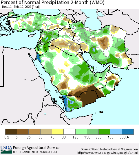 Middle East and Turkey Percent of Normal Precipitation 2-Month (WMO) Thematic Map For 12/11/2021 - 2/10/2022