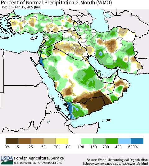 Middle East and Turkey Percent of Normal Precipitation 2-Month (WMO) Thematic Map For 12/16/2021 - 2/15/2022