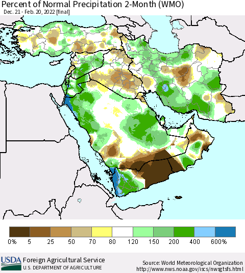 Middle East and Turkey Percent of Normal Precipitation 2-Month (WMO) Thematic Map For 12/21/2021 - 2/20/2022