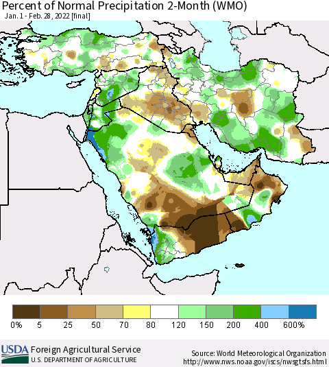 Middle East and Turkey Percent of Normal Precipitation 2-Month (WMO) Thematic Map For 1/1/2022 - 2/28/2022