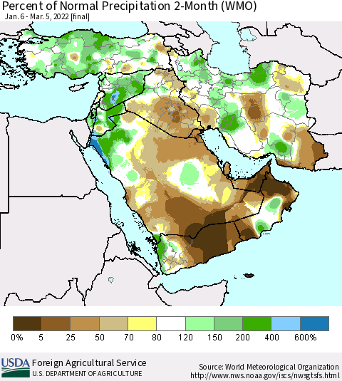 Middle East and Turkey Percent of Normal Precipitation 2-Month (WMO) Thematic Map For 1/6/2022 - 3/5/2022