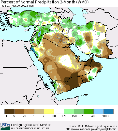 Middle East and Turkey Percent of Normal Precipitation 2-Month (WMO) Thematic Map For 1/11/2022 - 3/10/2022