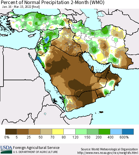 Middle East and Turkey Percent of Normal Precipitation 2-Month (WMO) Thematic Map For 1/16/2022 - 3/15/2022