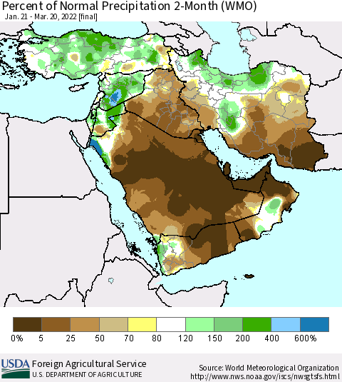 Middle East and Turkey Percent of Normal Precipitation 2-Month (WMO) Thematic Map For 1/21/2022 - 3/20/2022