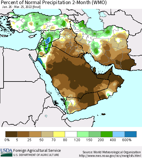 Middle East and Turkey Percent of Normal Precipitation 2-Month (WMO) Thematic Map For 1/26/2022 - 3/25/2022