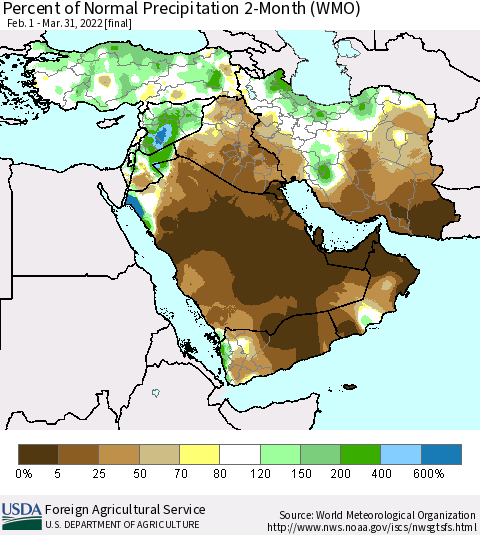 Middle East and Turkey Percent of Normal Precipitation 2-Month (WMO) Thematic Map For 2/1/2022 - 3/31/2022