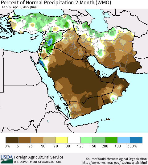 Middle East and Turkey Percent of Normal Precipitation 2-Month (WMO) Thematic Map For 2/6/2022 - 4/5/2022