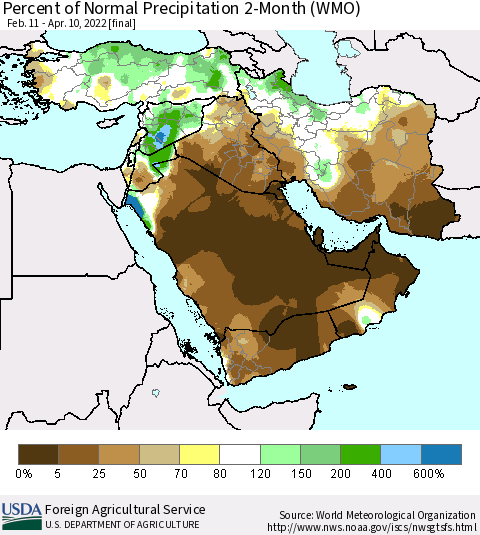 Middle East and Turkey Percent of Normal Precipitation 2-Month (WMO) Thematic Map For 2/11/2022 - 4/10/2022