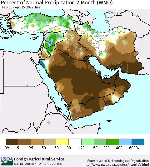 Middle East and Turkey Percent of Normal Precipitation 2-Month (WMO) Thematic Map For 2/16/2022 - 4/15/2022