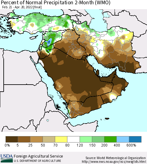 Middle East and Turkey Percent of Normal Precipitation 2-Month (WMO) Thematic Map For 2/21/2022 - 4/20/2022