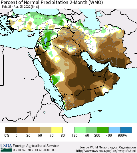 Middle East and Turkey Percent of Normal Precipitation 2-Month (WMO) Thematic Map For 2/26/2022 - 4/25/2022