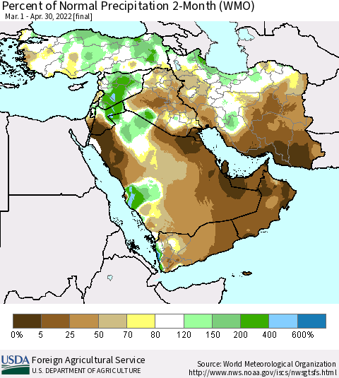 Middle East and Turkey Percent of Normal Precipitation 2-Month (WMO) Thematic Map For 3/1/2022 - 4/30/2022